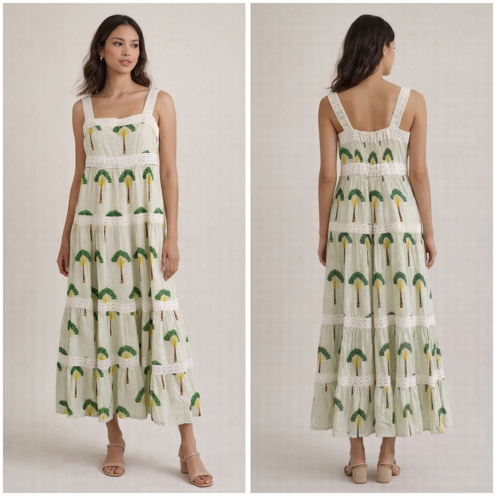 Calypso St. Barth, Cream Maxi Dress with Green Palm Motif, NWT